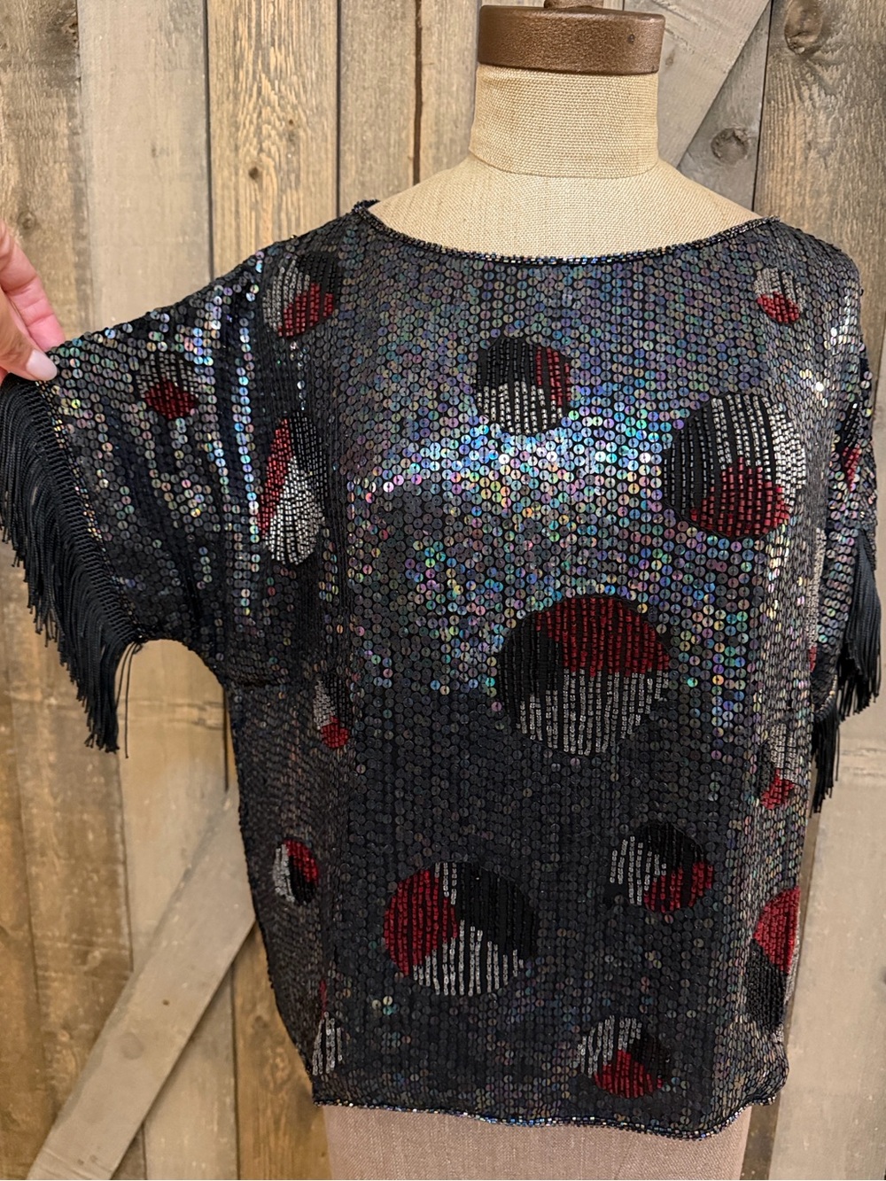 Vintage Silk Black Sequin Fringe Relaxed fit Party Art Deco Glam Blouse Large
